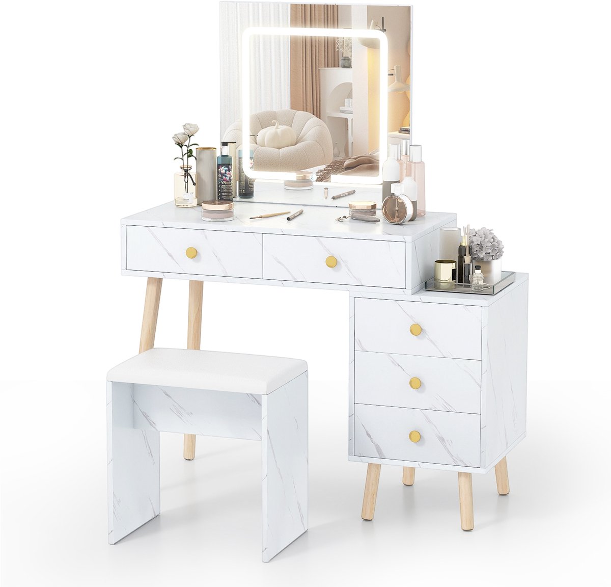 COSTWAY Schminktafel met LED-spiegel, bijzetkast & gevoerde kruk, make-uptafel met 3 lichtstanden, 5 laden, kaptafelset marmerlook & eikenhouten poten, 100 x 45 x 130 cm