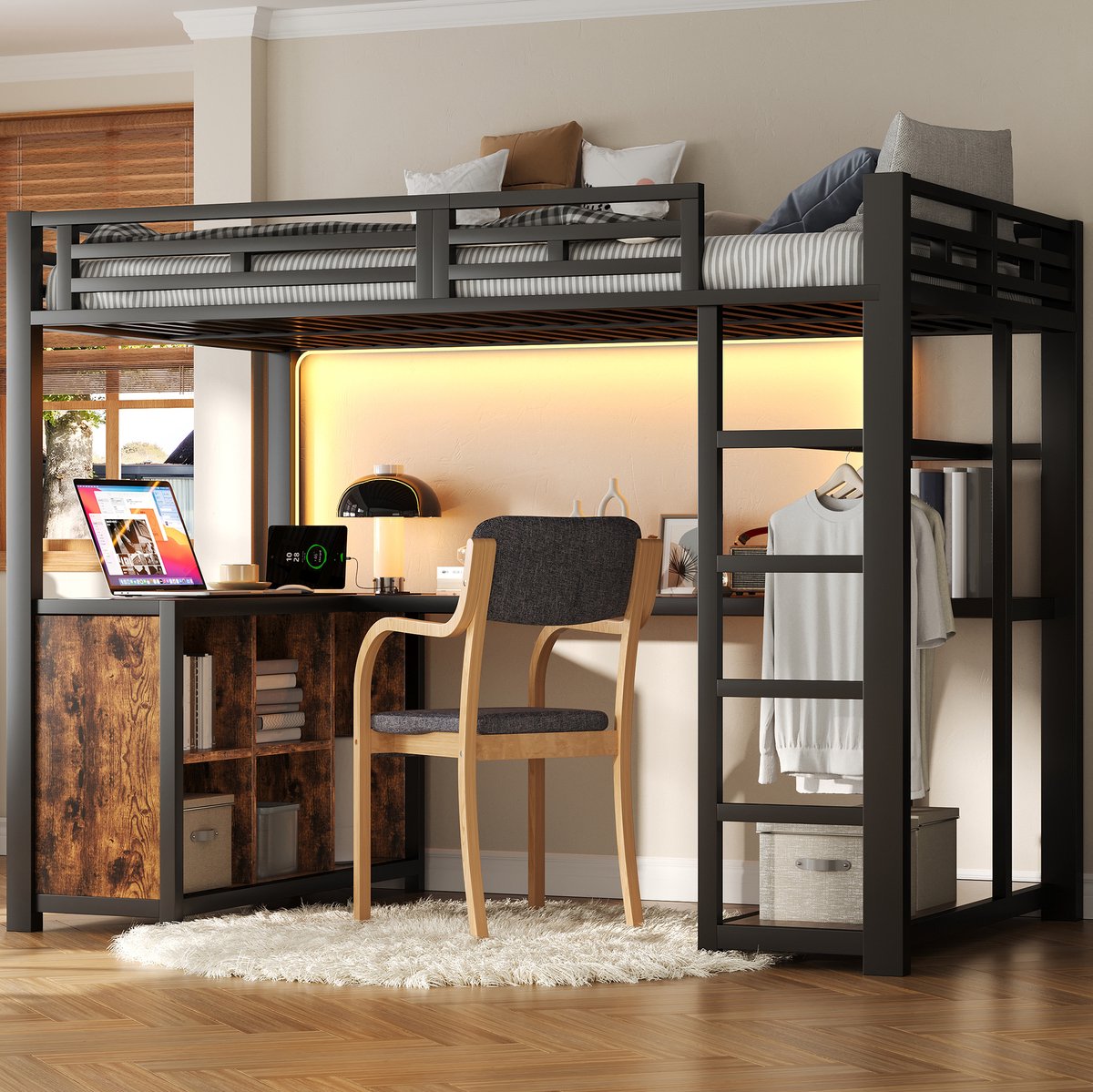 Metalen Hoogslaper 140x200 cm - Bed Met Werkplek, USB, LED Licht En Kast Zwart