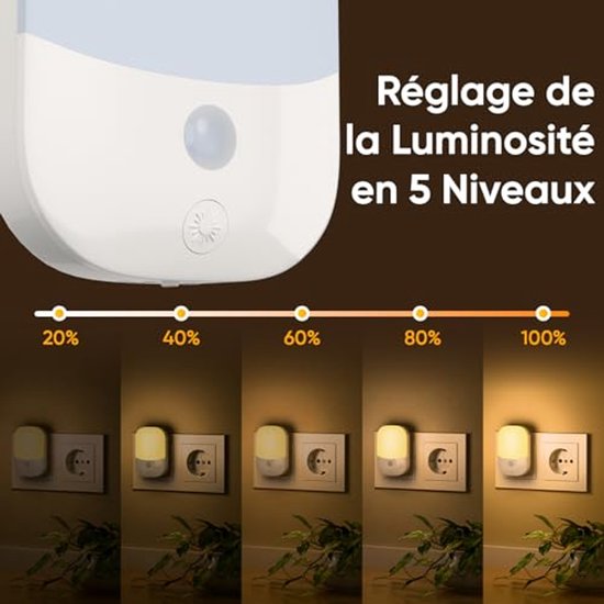 Namajunas - Stopcontact nachtlamp 2 stuks - 5 lichtsterktes, 3 werkstanden - Opvouwbaar - Warm geel licht - Met dag/nachtsensor - Geschikt voor baby's, kinderen en volwassenen van Namajunas — afbeelding 2