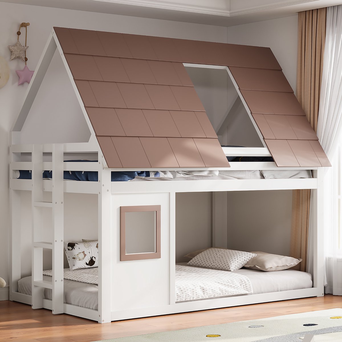 Huisbed Stapelbed 140x200 cm - Met Dak, Ladder En Veiligheidsrand - Wit Bruin