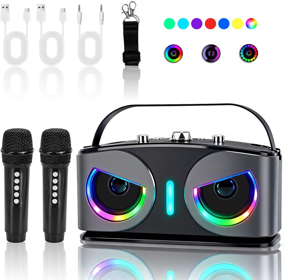 SnelShoppen - Draagbare Karaoke-machine met 5.3 Bluetooth-luidspreker, 2 Draadloze Microfoons, LED-verlichting, Radio, USB, TF-kaart, AUX-poort voor F