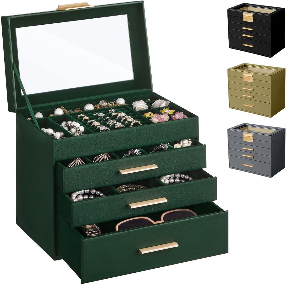 Dailygoods - Grote Sieradendoos voor Dames, 4 Niveaus met Handvat, Donkergroen