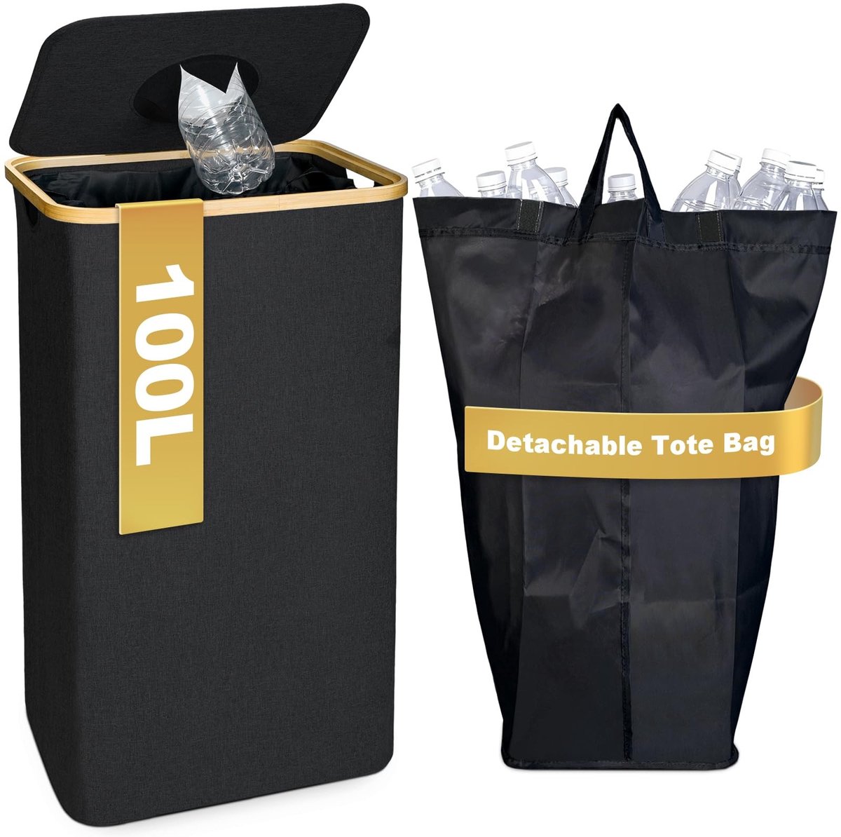 Dailygoods- Recyclingbak met deksel - Afvalbak voor statiegeldflessen - Houten rand - Zwart - Inworpopening - Duurzaam ontwerp