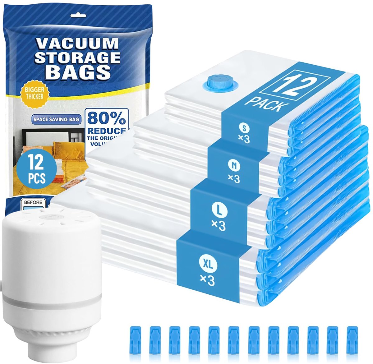 Dailygoods - Vacuümzakken voor Kleding met Pomp - 12-delige Set in 4 Maten