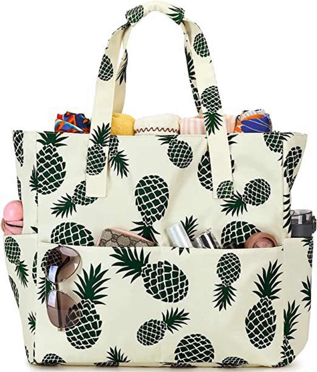 Extra grote strandtas voor dames, extra grote opvouwbare strandtas van mesh met ritssluiting en groot vak, geschikt voor strand, reizen, de sportschool en het zwembad,Ananas