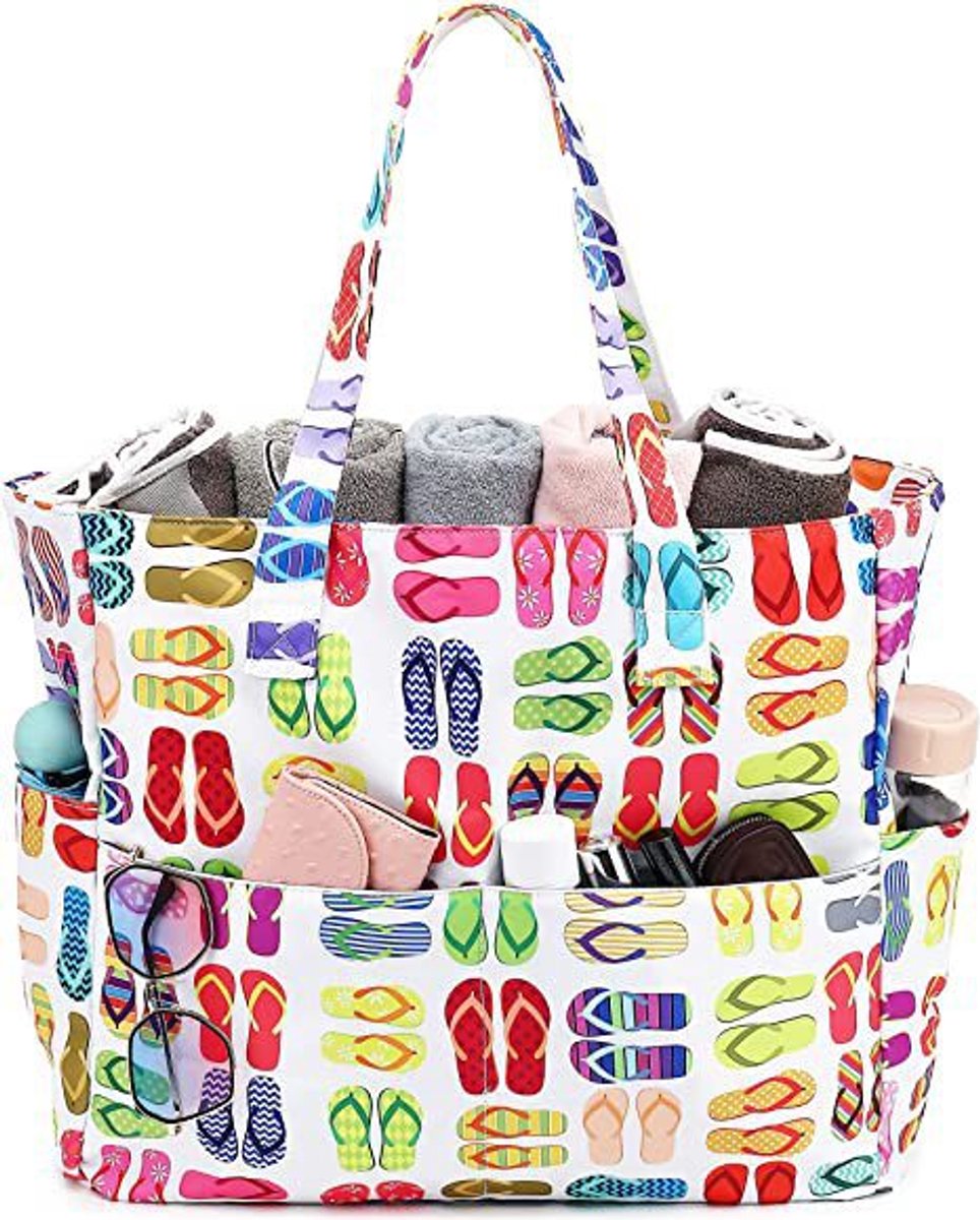 Extra grote strandtas voor dames, extra grote opvouwbare strandtas van mesh met ritssluiting en groot vak, geschikt voor strand, reizen, de sportschool en het zwembad,slippers
