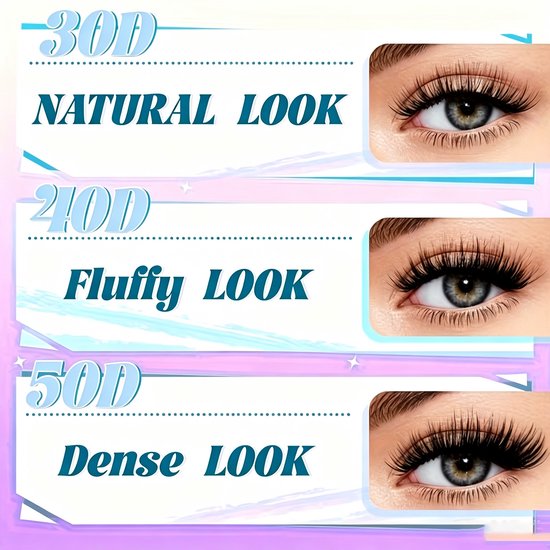 Afbeeldingen van ogen met 30D, 40D en 50D kunstwimpers voor een natuurlijke, fluffy of dichte look.