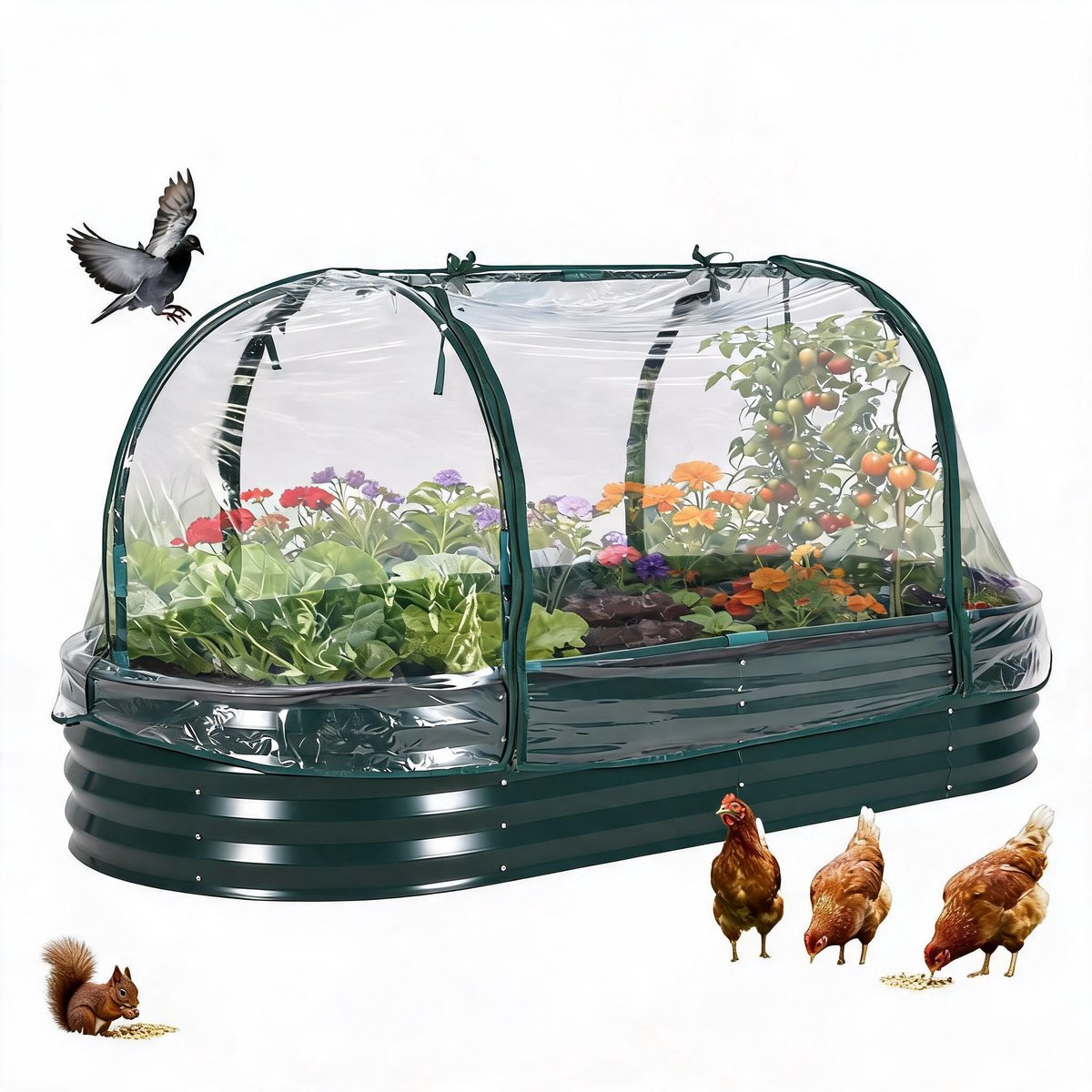 Verhoogde Plantenbak Metaal 180x90x30 cm - Donkergroen - Met PVC Hoes en Vogelnet - Weerbestendige Moestuinbak voor Groenten, Kruiden en Bloemen - Eenvoudig te Monteren - Inclusief Handschoenen - Geschikt voor Tuin, Patio en Balkon