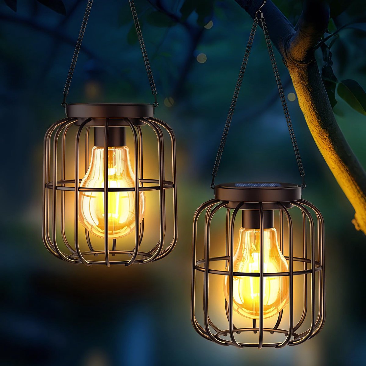 SnelShoppen - Hanglampen op Zonne-energie voor Buiten, 2 Stuks, IP65 Waterdicht, Metalen Solarlampen voor Balkon, Tuin, Terras, Warmwit, Decoratieve L