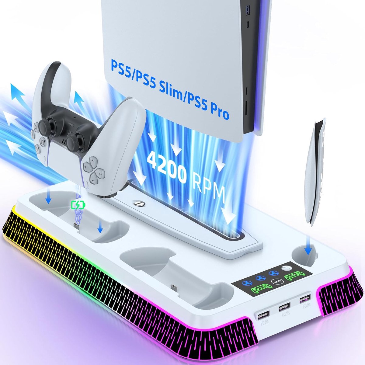 Koelstation en console-geschikt voor PS5/Pro/Slim, oplaadstation geschikt voor twee controllers met sfeervolle RGB-verlichting geschikt voor PlayStation 5, PS5-standaard en controllerlader voor Disc- & Digital-versies met koelventilator