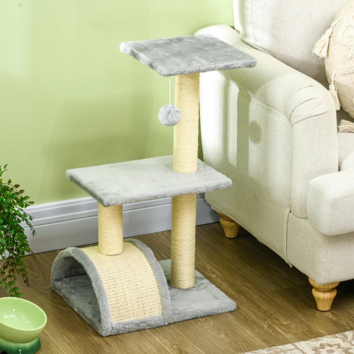 FloraGrace Krabpaal - 72 Cm - Meerlaags Met Huisje En Speelbal - Polyester En Sisal - Lichtgrijs - Voor Krabben, Spelen En Rusten