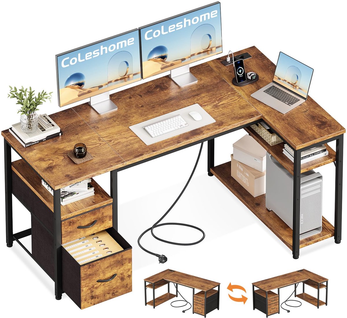 SnelShoppen - Hoekbureau L-vormig met Laden, Omkeerbare Plank, Stopcontacten en USB-poorten, Bruin 140x80cm voor Thuiswerken, Kantoor en Gamen