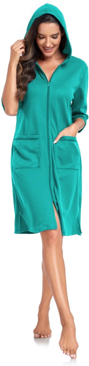 SnelShoppen - Dames Badjas met Rits en Capuchon - Lichtgewicht Wafelbadjas voor Loungewear, Zwemmen en Nachtkleding - Absorberend en Comfortabel - Gro