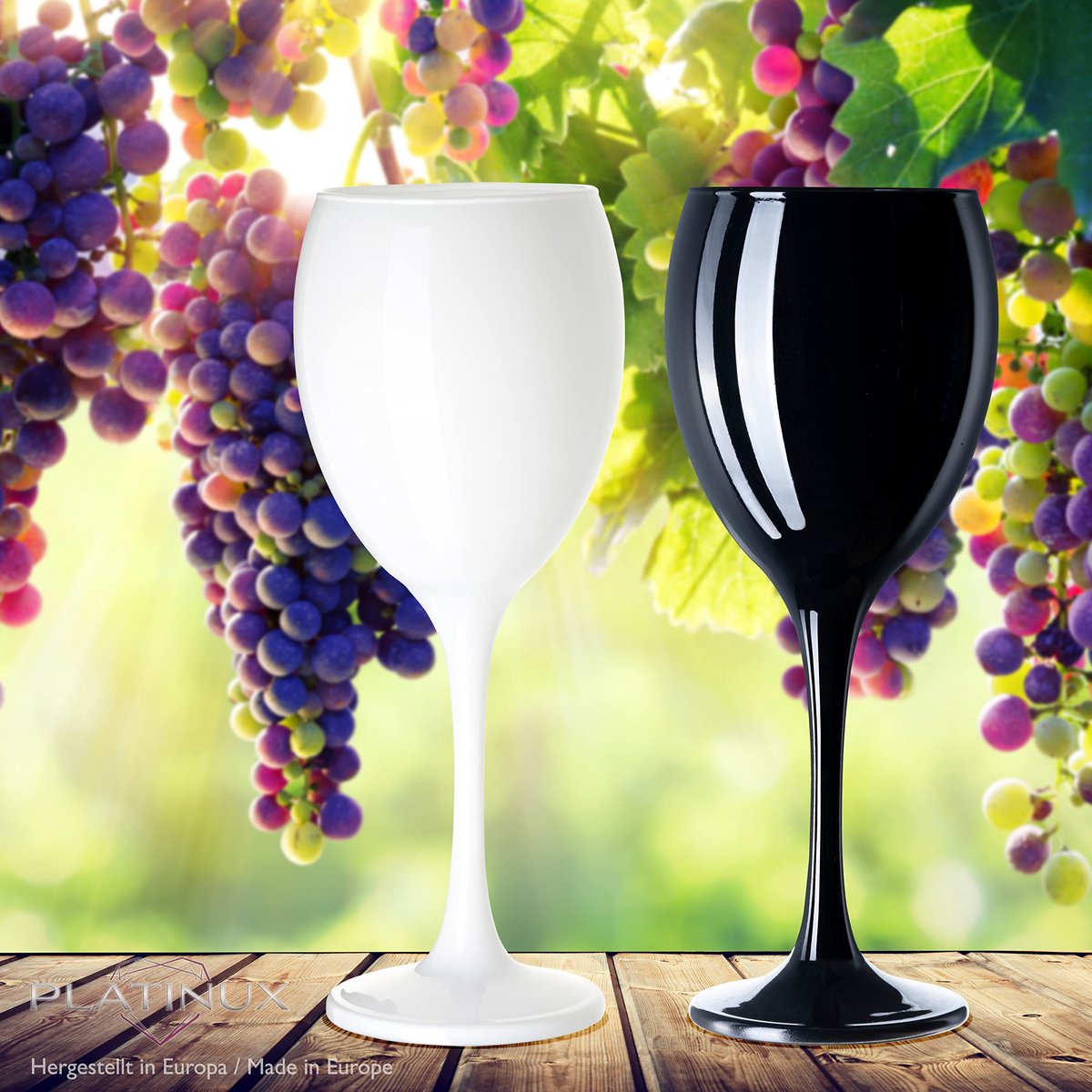 SnelShoppen - Zwarte & Witte Wijnglazen Set 6-delig 130ml (max. 320ml) Drankglazen van Glas voor Feest, Keuken, Tuin, Camping