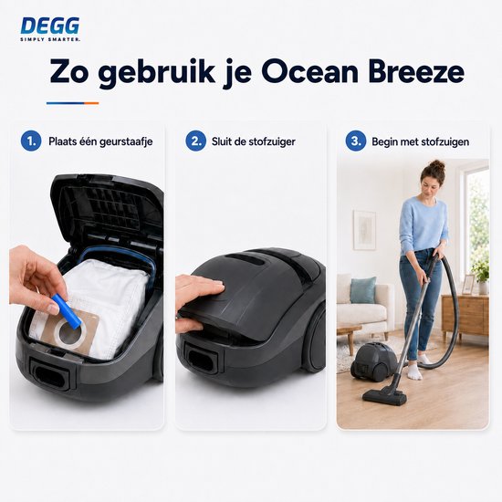 Stapsgewijze uitleg: geurstaafje plaatsen, stofzuiger sluiten, beginnen met stofzuigen.