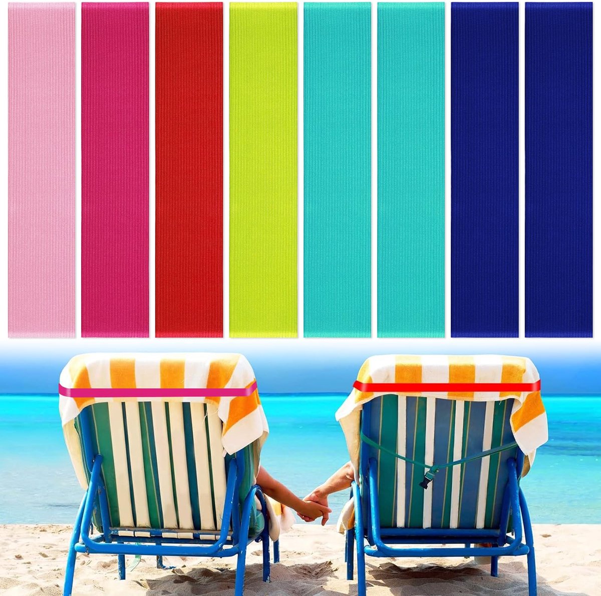 SnelShoppen - 8 Handdoekklemmen voor Strandstoelen, Elastische Strandstoelclips, Handdoekbanden voor Strand, Zwembad, Camping, Cruise - Kleur: Multico
