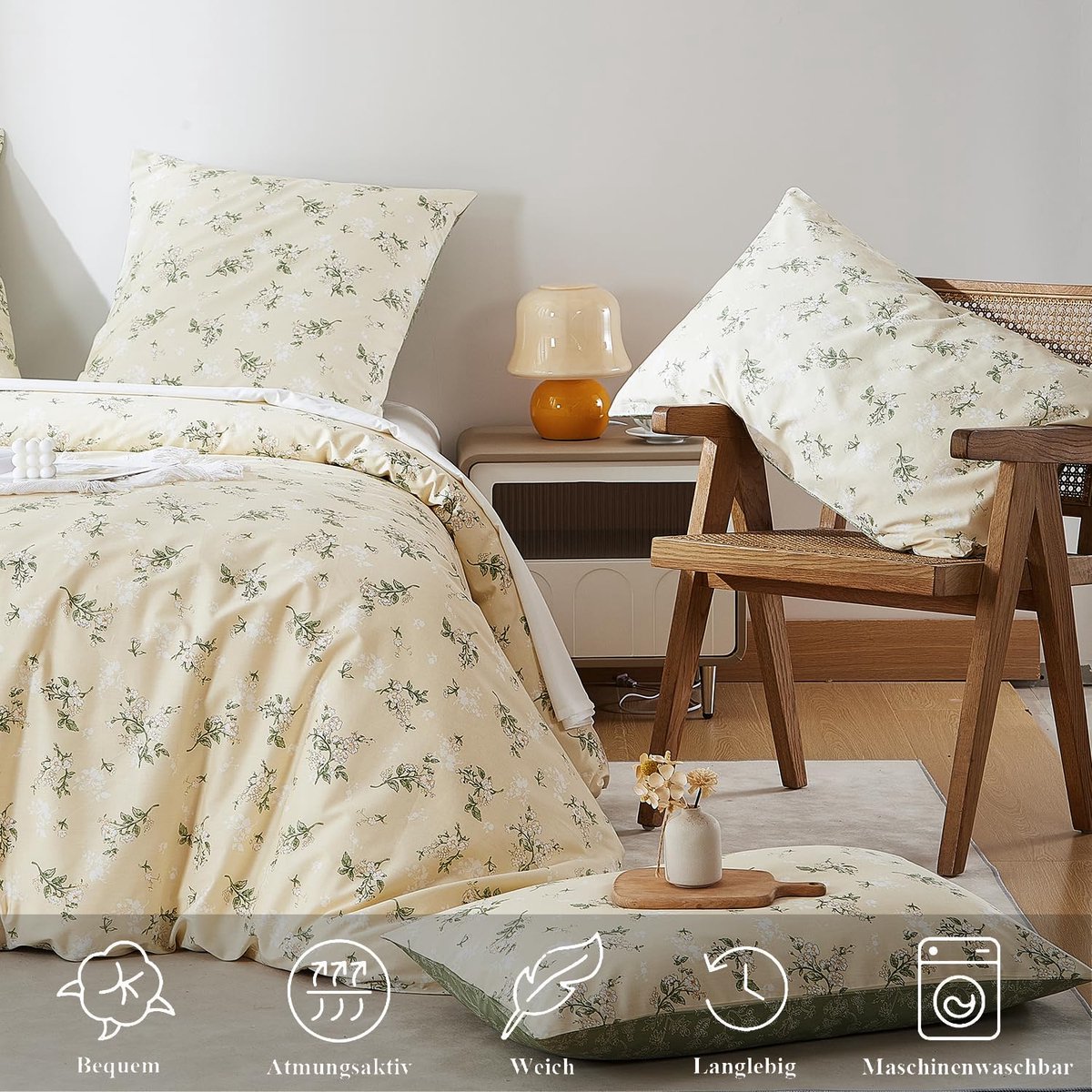 SnelShoppen - Dekbedovertrekset 220x240 cm - Katoen Bloemenpatroon Beige Groen - Omkeerbaar Beddengoed met Ritssluiting - Vintage Design met 2 Kussens
