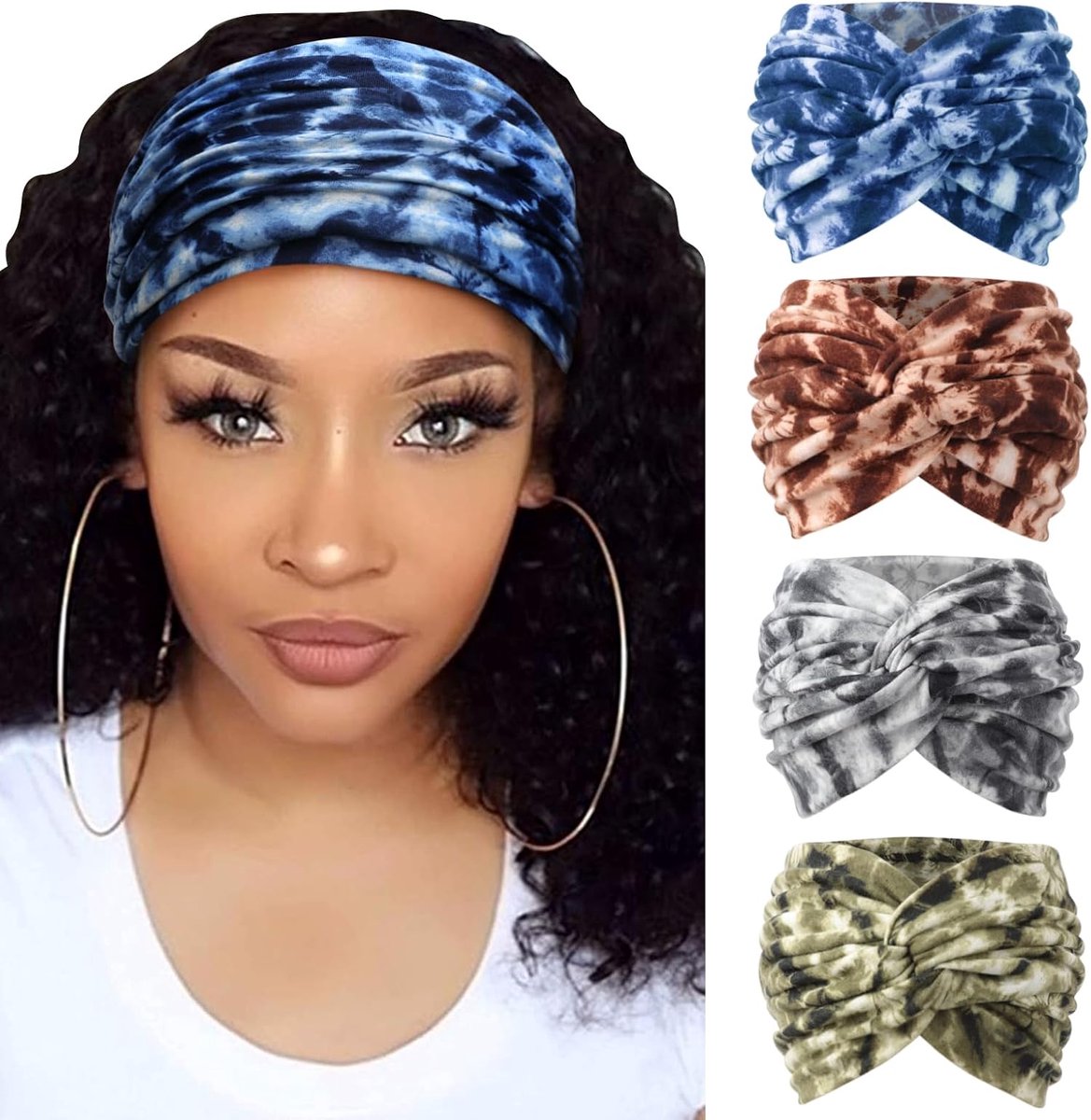 Vierdelige haarbandenset - Brede retro haarband met knoop - Haaraccessoires voor dames - Yoga- en sporthaarband, elastische - antislip - brede haarband voor sporten - hardlopen en zweetabsorptie