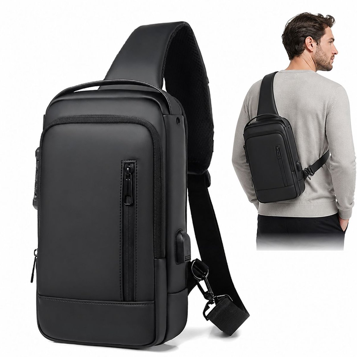 VHV - Anti-diefstal Schoudertas Heren - Sling Bag met Cijferslot en USB-poort - Lichtgewicht voor Reizen en Fietsen