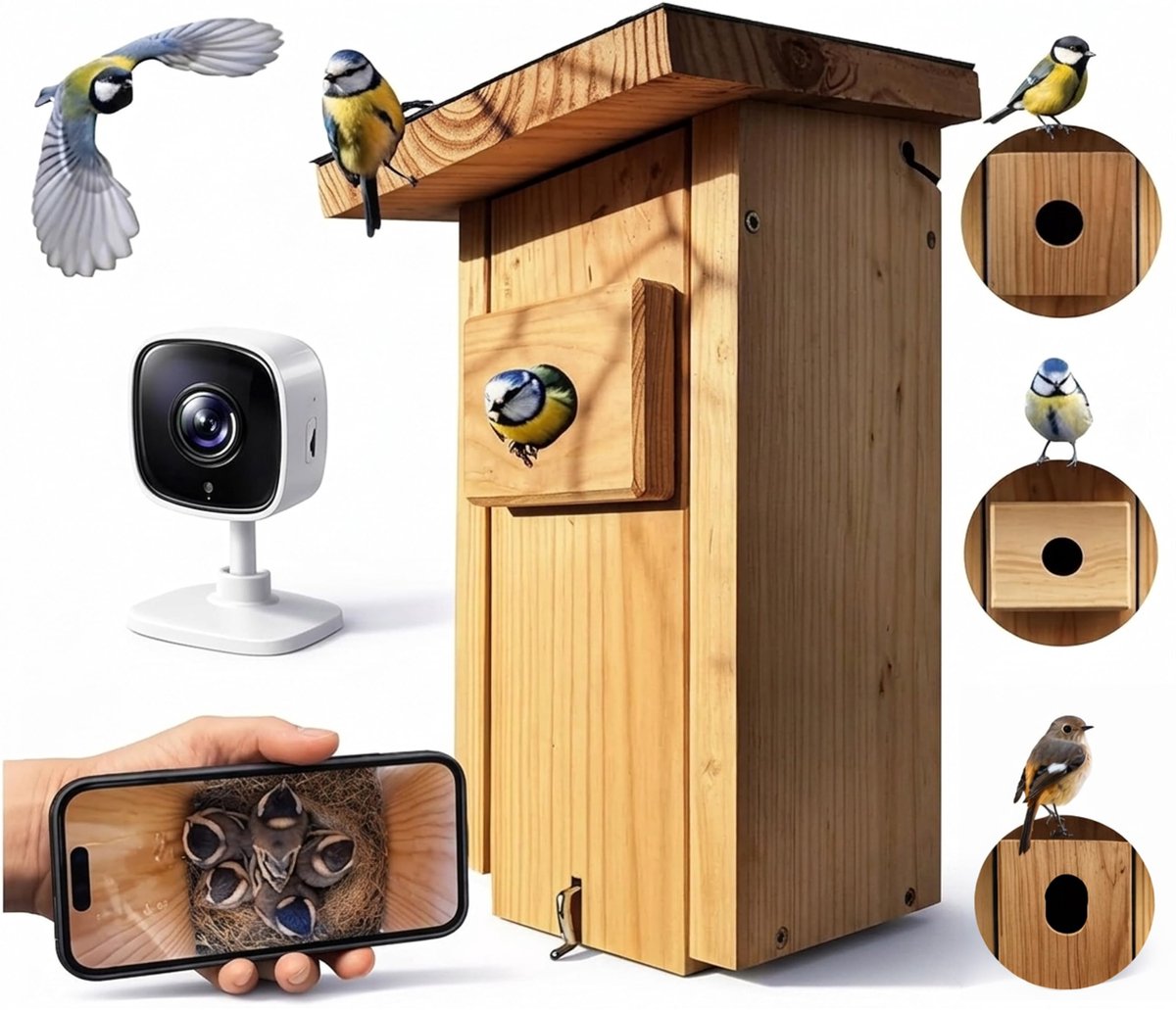 SnelShoppen - Live Stream Vogelhuisje met Camera, Milieuvriendelijk Massief Hout, Broedmachine voor Tuin, 3 m + 20 m Stroomkabel, Cadeau-idee voor Vog