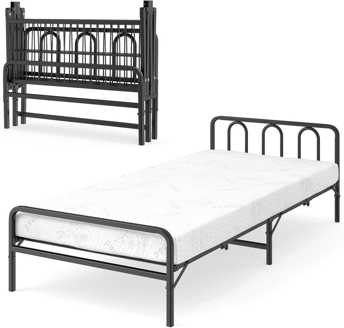 Opklapbed met Matras - Logeerbed Inklapbaar - Ruimte Besparen - Robuust Metalen Frame - 90 x 200 cm - Zwart Wit