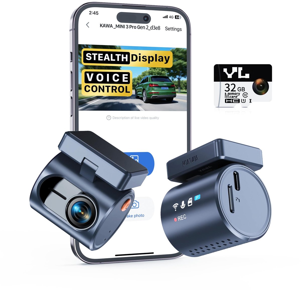 SnelShoppen - Dashcam Auto Vorne 2K1296P QHD met 32GB SD Kaart, Spraakcontrole, App-Control, WDR, Super Nachtsicht, G-Sensor, Supercondensator, 135° F