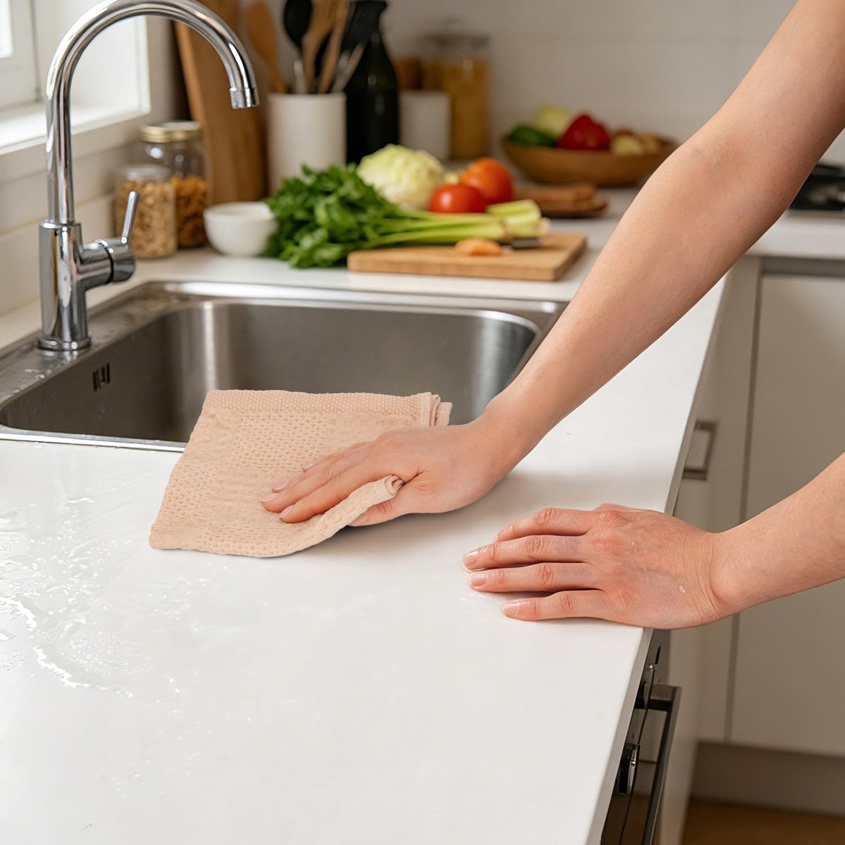 SnelShoppen - Set van 6 Keukendoeken 100% Katoen, Zachte Dikke Theedoeken, Absorberend, Duurzaam, Pluisvrij, Snel Drogend, 33x33 cm, Beige voor Keuken
