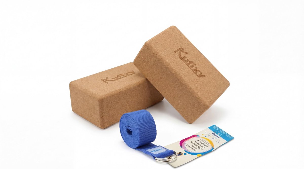 SnelShoppen - Kufixy Yogablokken Set van 2 met Riem, Lichtgewicht EVA-schuim Antislip Yogasteen voor Evenwicht, Stretching, Pilates, Meditatie en Flex