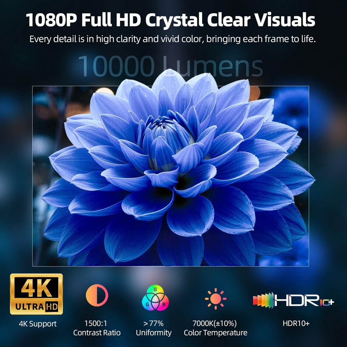 SnelShoppen - 4K Mini Beamer, Full HD 1080P Projector, Draaibaar, Autofocus, Trapeziumcorrectie, 10.000 Lumen Videobeamer voor Thuisbioscoop en Outdoo