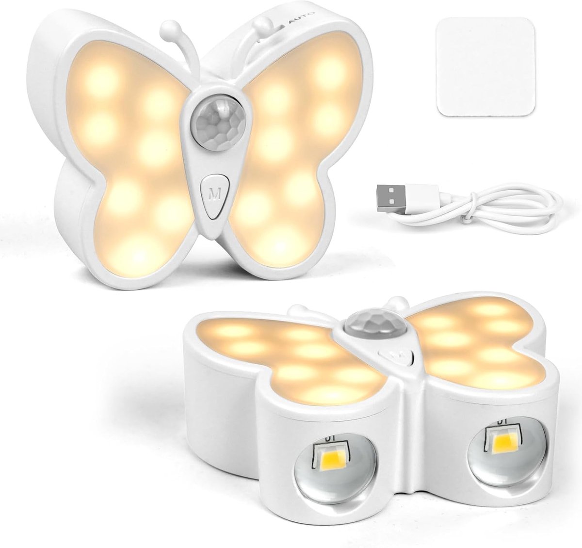 2 stuks vlinder nachtlampje, bewegingssensor LED oplaadbaar nachtlampje, dimbaar met 3 kleurmodi, met auto/aan/uit, draadloze magnetische wandkandelaar voor kinderkamer, slaapkamer, hal