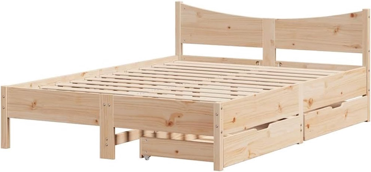 Bedframe met Laden - Houten Bed - Opbergen en Slapen - Massief Dennenhout - 135x190 cm - Natuurlijk