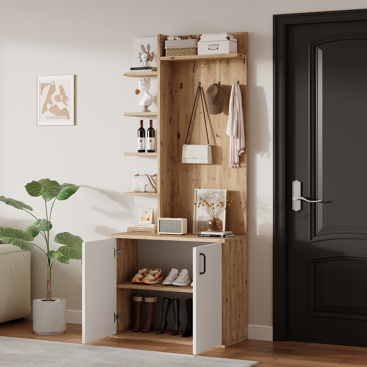 75*33*180cm Kapstok met kledingkast - schoenenrek - halmeubel met kapstokhaken - halkast met 5 opbergvakken en opbergkastjes - originele houtkleur + wit
