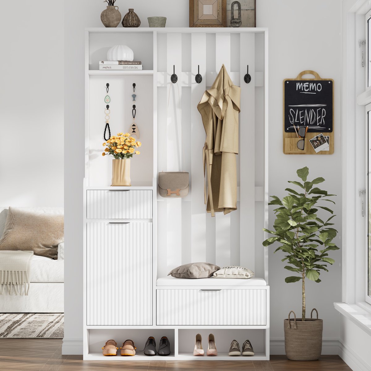 100*30*180cm 6-in-1 kapstok met 8 haken - schoenenbank en planken - anti-kantelvoorziening - compacte kledingkast met lades en kastjes - 100cm breed - schoenenkast - wit