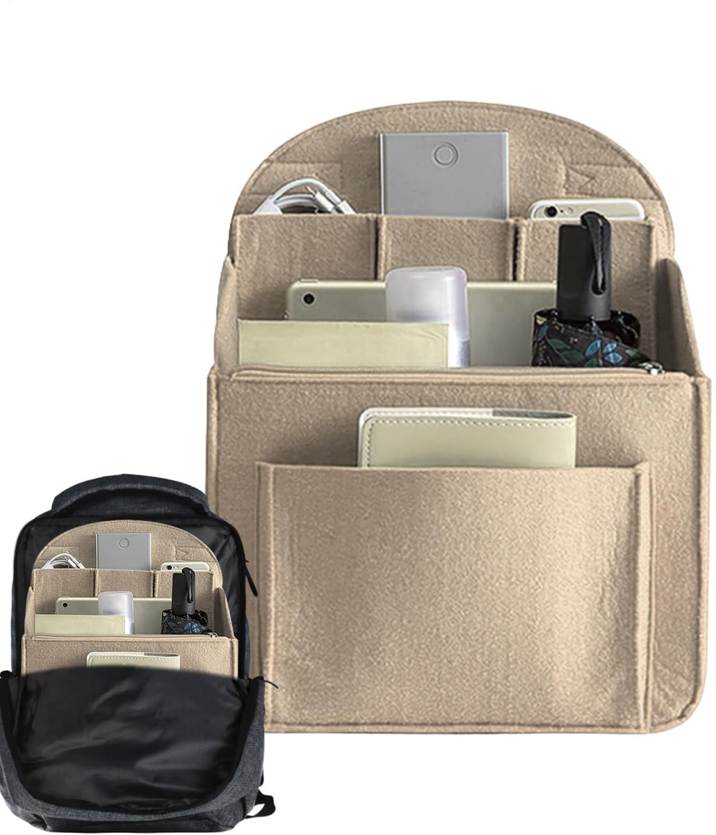 Backpack Organizer Inzet - Rugzak Organizer met Meerdere Vakken - Tas Indeling voor School Werk en Reizen - Lichtgewicht Vilt Opberg Insert - Khaki 27x20x10cm