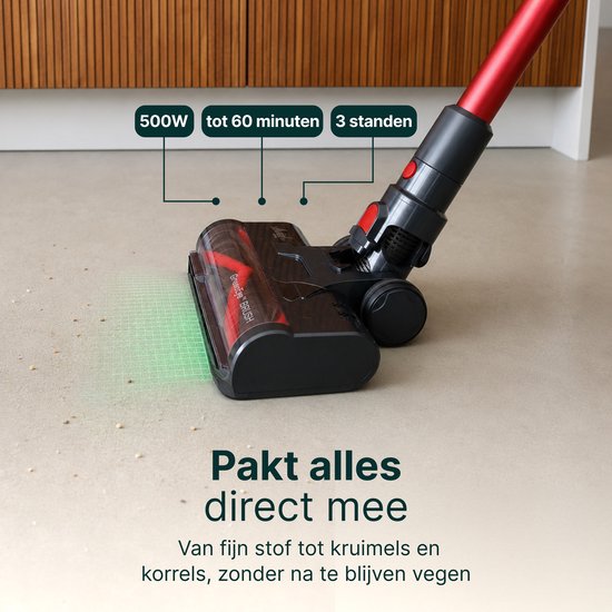 Zwarte stofzuigerkop met 'GreenEye™ BRUSH' tekst op een lichte vloer, met indicatoren voor 500W, 60 min en 3 standen.