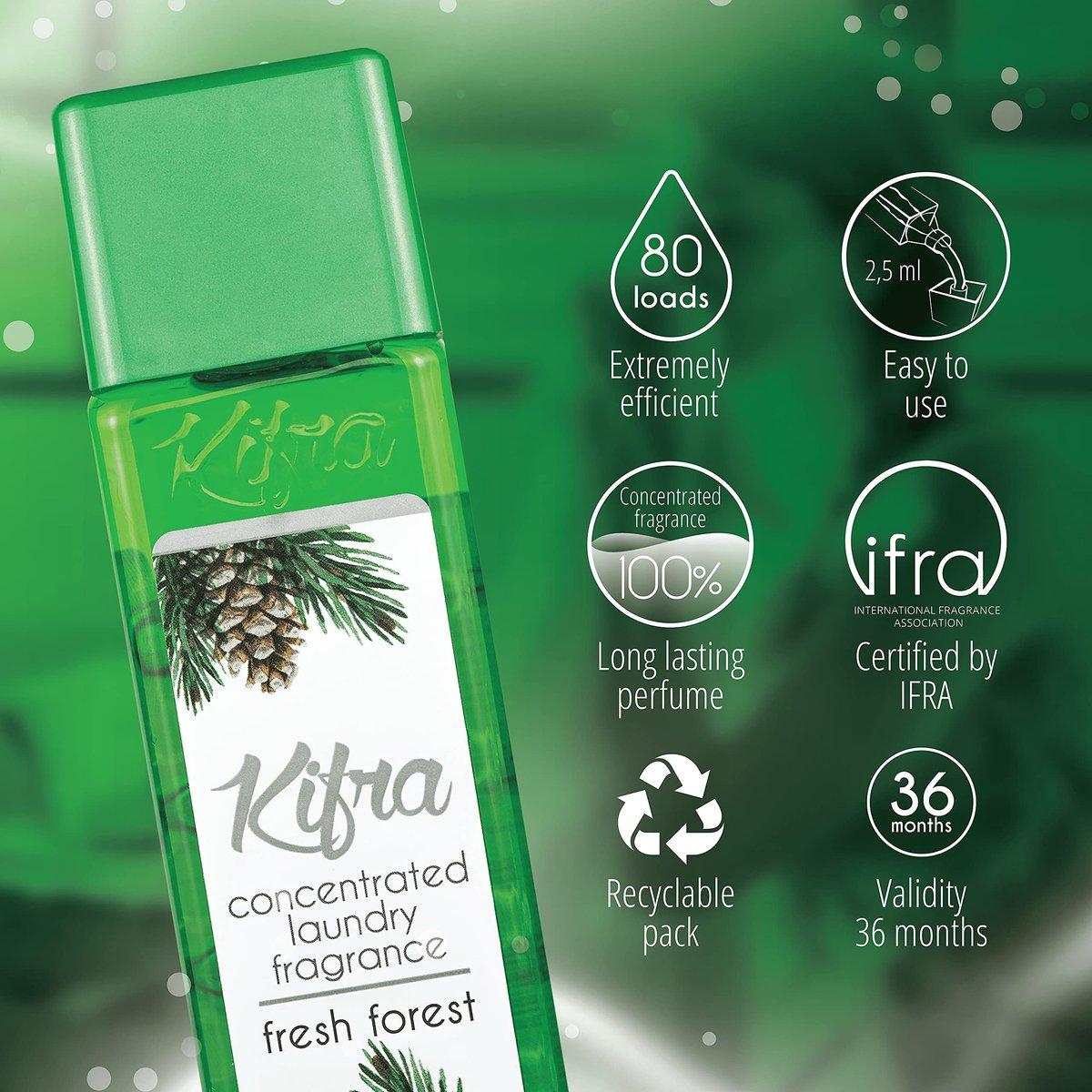 SnelShoppen - Geconcentreerde Wasserij Geur 200ml - KIFRA FRESH FOREST - 80 Wascycli - Frisse Geur voor Kleding - Ideaal voor Huis, Camping, en Feeste