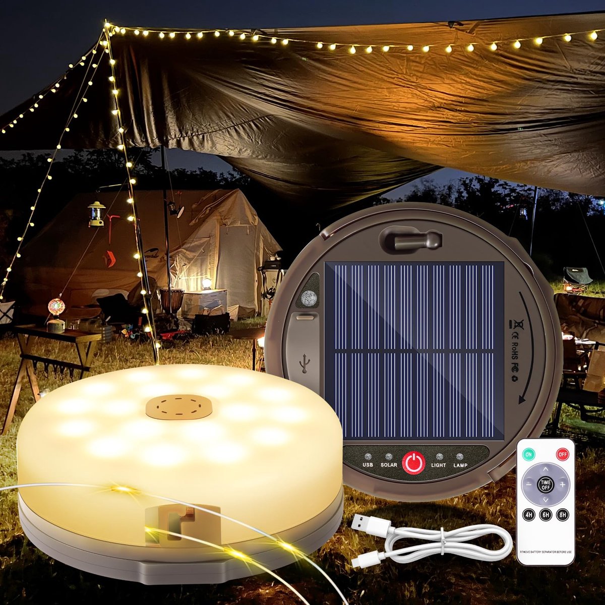 SnelShoppen - Campinglichtsnoer Oprolbaar 12,8m met 128 LEDs - Zonne-energie Lichtketting USB-oplaadbaar en IP44 Waterdicht - Draagbare Verlichting vo