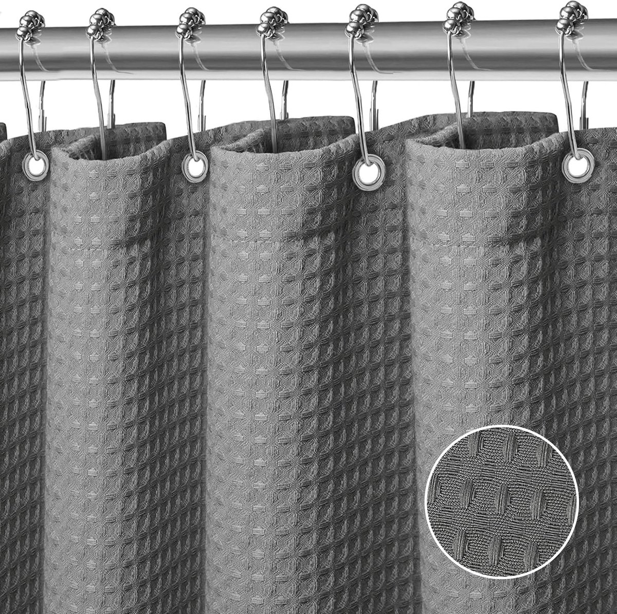 SnelShoppen - Wafel Douchegordijn Waterdicht Donkergrijs 183x183 cm - Wasbaar Polyester Textiel met 12 Ringen voor Douche en Badkuip