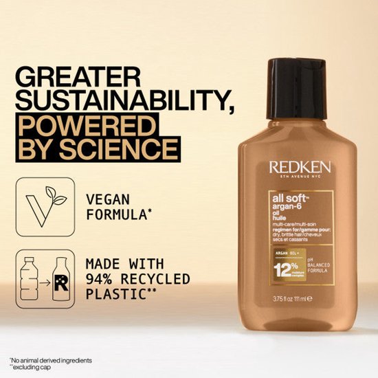 Bouteille dorée d'huile d'Argan-6 All Soft de Redken avec bouchon noir, à côté de texte sur la durabilité et la formule végane.