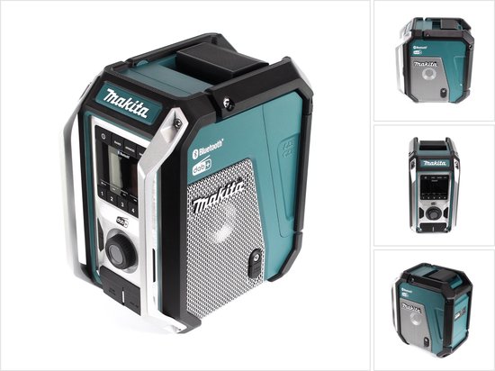 Makita bouwradio met zilveren handvat, zwarte randen en groene behuizing. Zilverkleurig bedieningspaneel met grill.