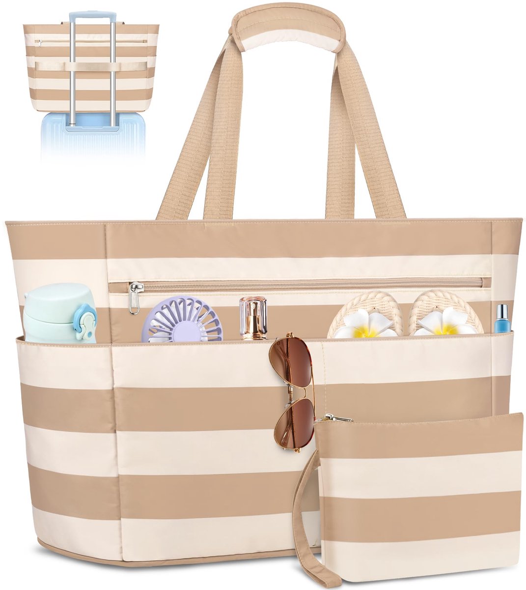 SnelShoppen - Waterdichte Strandtas Dames XXL - Grote Bruine Strandtassen met Ritssluiting - Perfecte Zwembadtas, Reistas, Zandbescherming, 55L voor Z