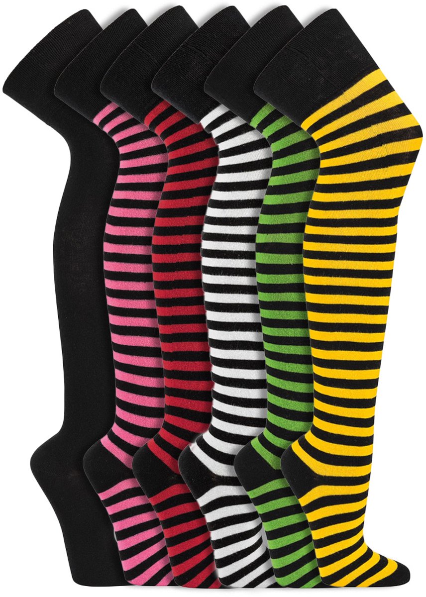 6 Paar - Dames Kniekousen - Katoen - Socks4fun - Kleuren Mix - Gestreept