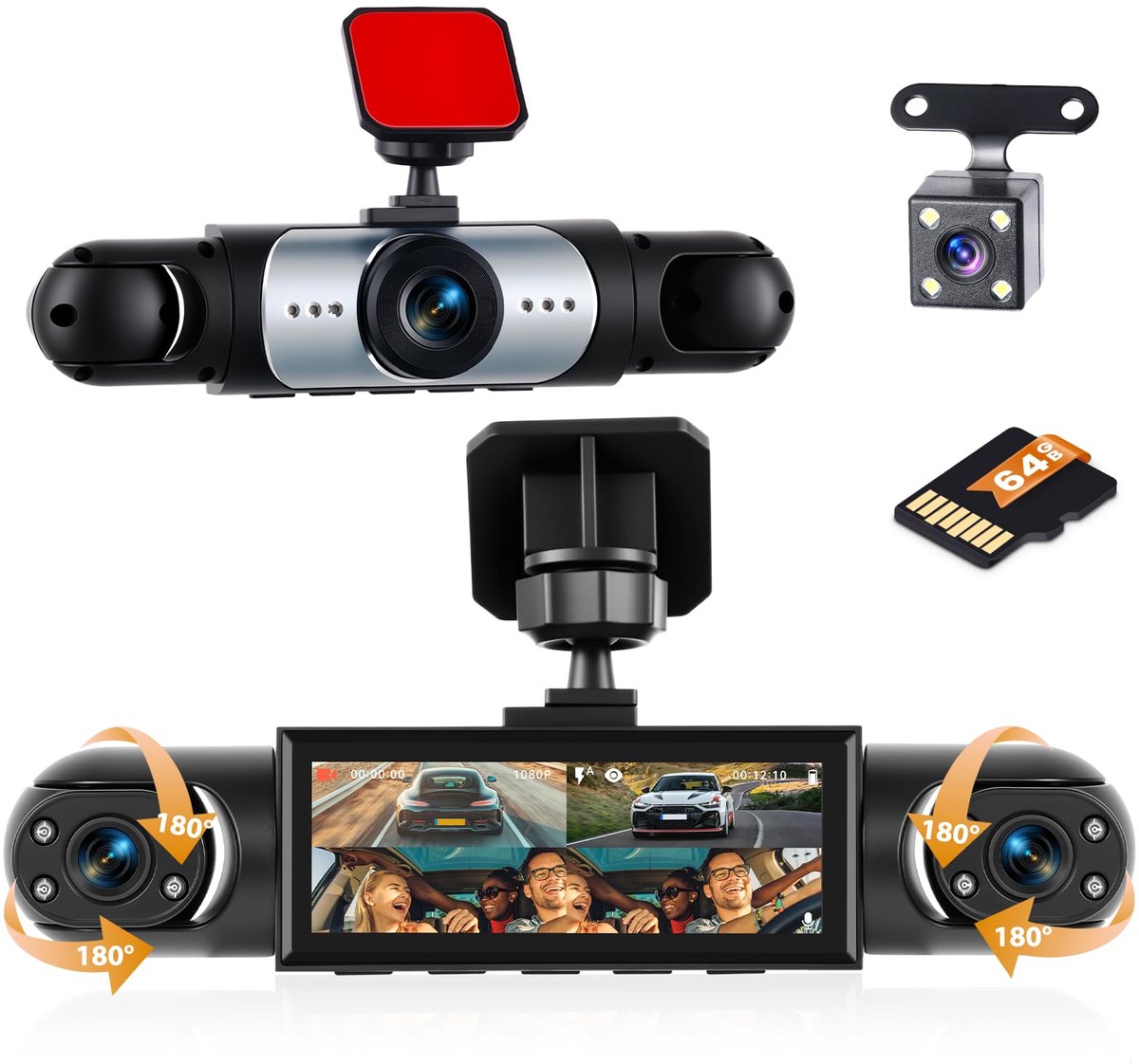 SnelShoppen - 4-kanaals auto-dashcam met 3,16 inch IPS-display, 1080p voor- en 3 x 480p camera, nachtzicht, loopopname, rijrecorder met achteruitrijhu