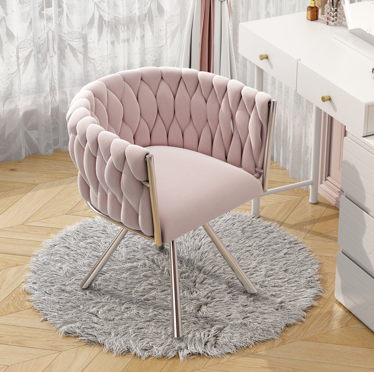 COVREO Schminkstoel 59 x 54 x 72 cm - roze fluwelen bekleding, metalen frame, 360 graden draaibaar
