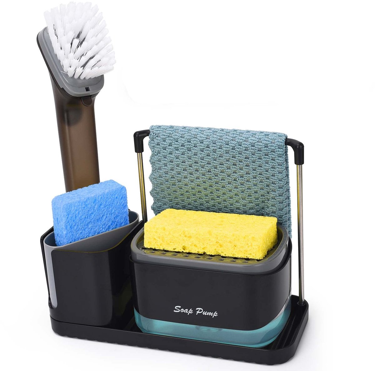 SnelShoppen - Zeepdispenser Keuken Set - Gootsteen Organizer Zwart met Lade en Spons Houder - Hervulbare Keukendetergent Dispenser voor Afwasmiddel en