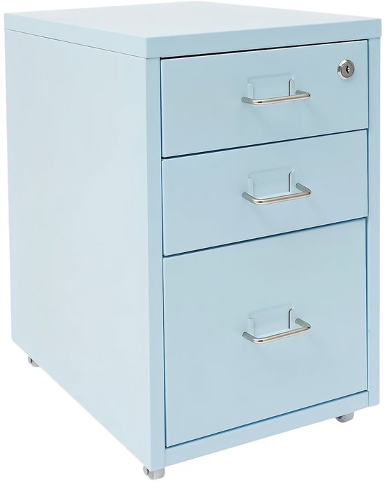 Lichtblauwe metalen archiefkast met drie lades, zilverkleurige handgrepen en een slot.