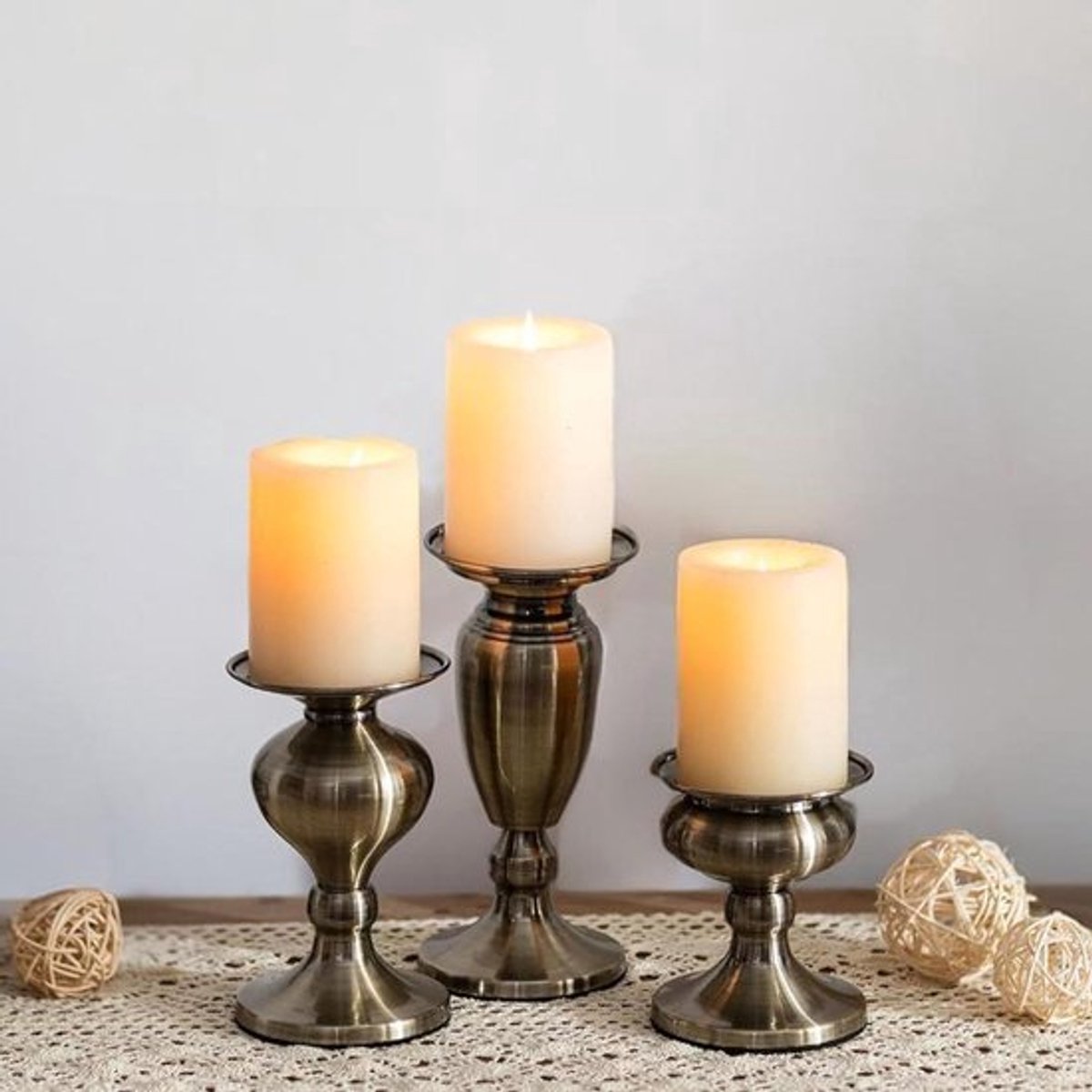 Vintage metalen kandelaar set van 3 - antieke decoratie voor woonkamer, open haard, eetkamer - kerst en bruiloft thema's