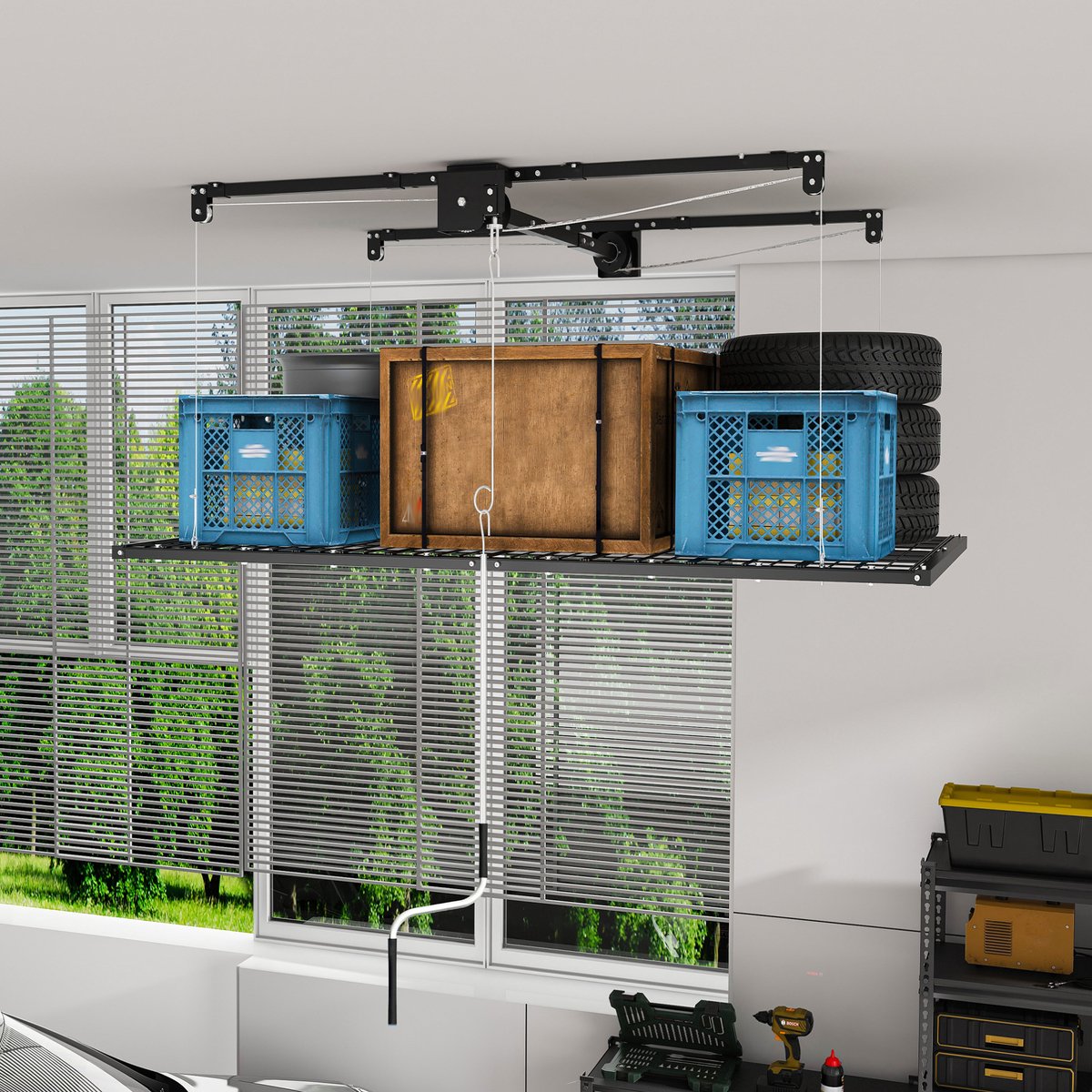 Plafondopslagrek Met Lier - 120 X 244 Cm - Handlier En Veiligheidsvergrendeling - Staal - Zwart - Garage Opbergruimte