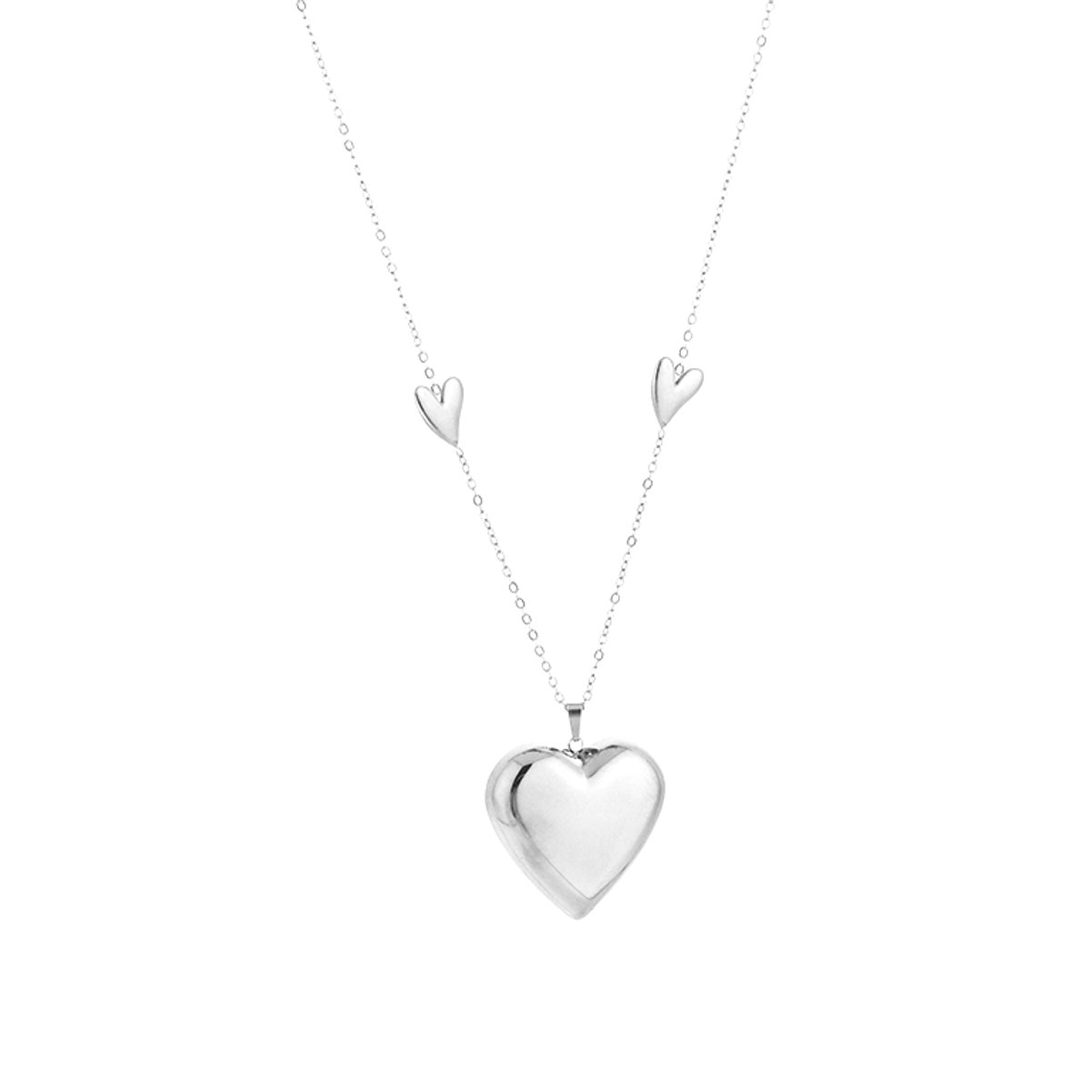 Modieuze Roestvrij Stalen Ketting - Extra Lange Schakelketting met Bol Hart Hanger - Stainless Steel Sieraad - Zilver