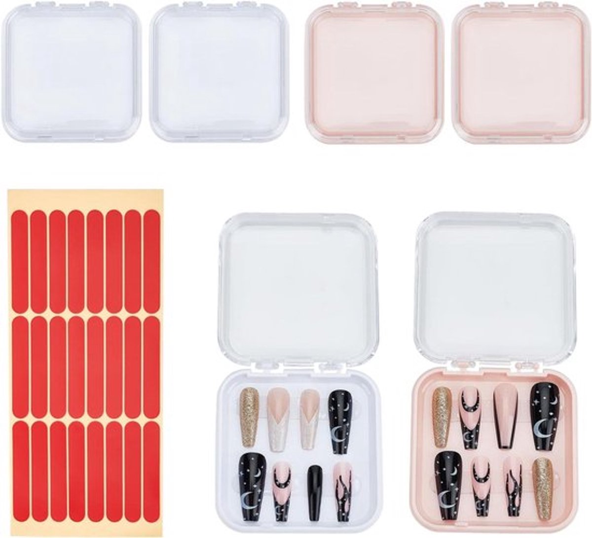 Kunststof Opbergdozen voor Kunstnagels - Set van 4 - Nagelorganizer met Dubbelzijdig Plakband - Handige Nagelverpakking